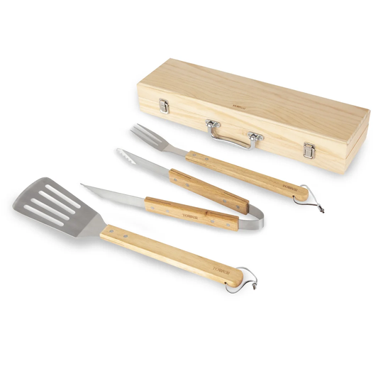 Tower T932005 4 Piece BBQ Tools Set with Storage Box, Wooden Handles, Stainless Steel