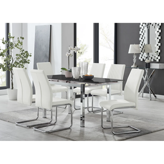 Enna Black Glass Extending Dining Table And 6 White Lorenzo Chairs