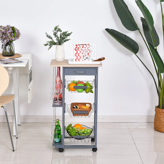 Panek 47 Cm Stainless Steel Kitchen Trolley with Solid Wood Top and Locking Wheels