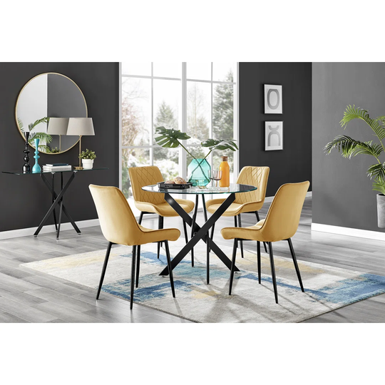 Novara Black Leg Round Glass Dining Table & 4 Mustard Pesaro Black Leg Chairs