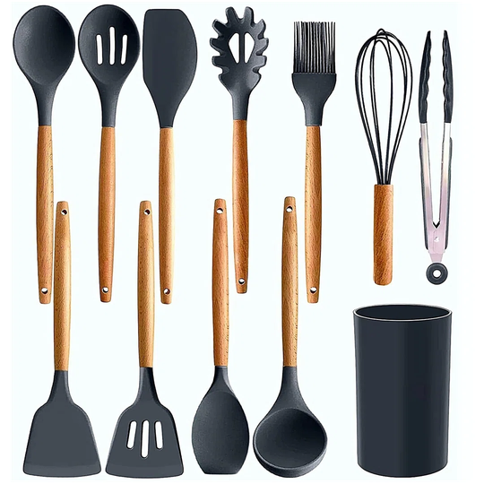 Kitchen Utensil Set -12Pcs Non-Stick Silicone Kitchen Utensil Set With Holder-Silicone Utensils, Cooking Utensils, Wooden Utensils, Spatula Set-Kitche