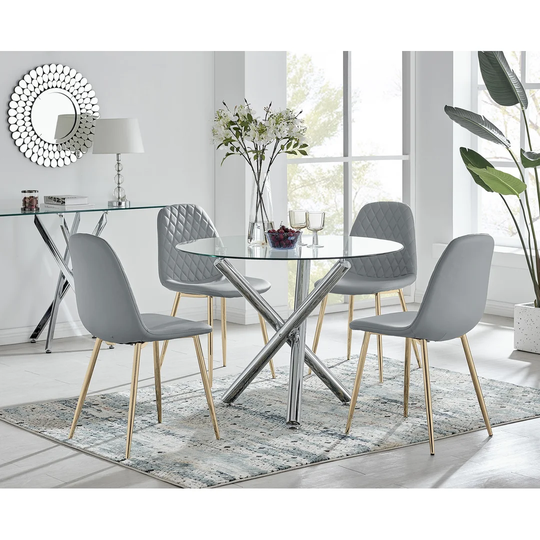 Selina Round Dining Table And 4 Grey Corona Gold Leg Chairs