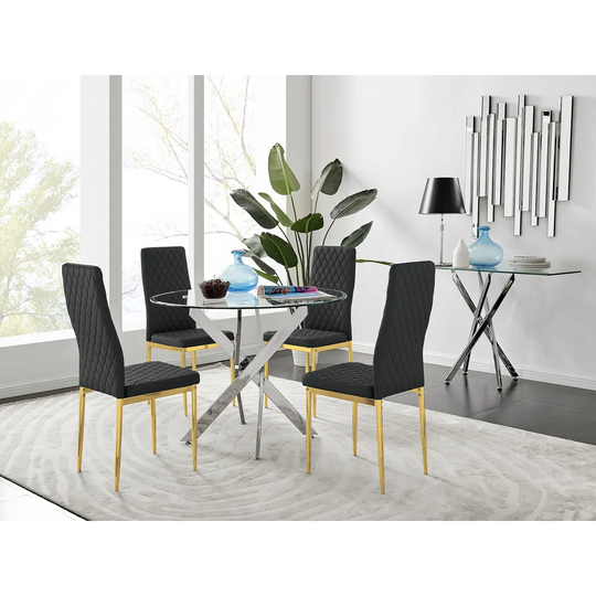 Chowchilla 100Cm Round Dining Table And 4 Black Gold Leg Chairs