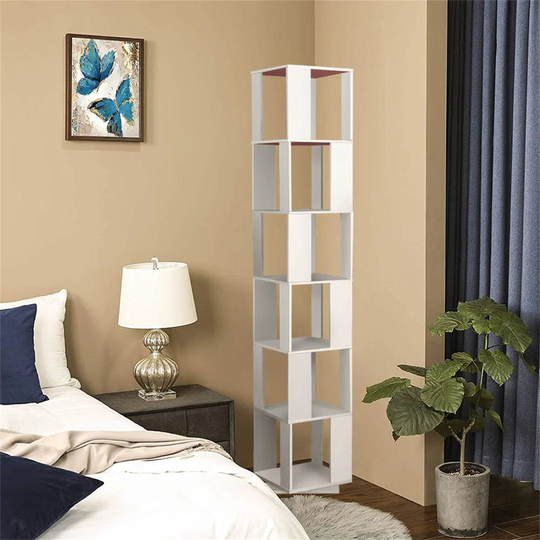 6-Tier Bookcase 360 Rotating Bookshelf, White Floor Standing Storage Rack For Living Room Bedroom, Open Design Swivel Corner Shelf Home Office Decor