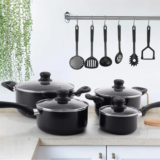 16-Piece Cookware Set, Home Nonstick Pots And Pans Sets With Stock Pots, Frying Pans, Saucepans, Glass Lids And Nylon Shovels, Aluminum Kitchenware Se