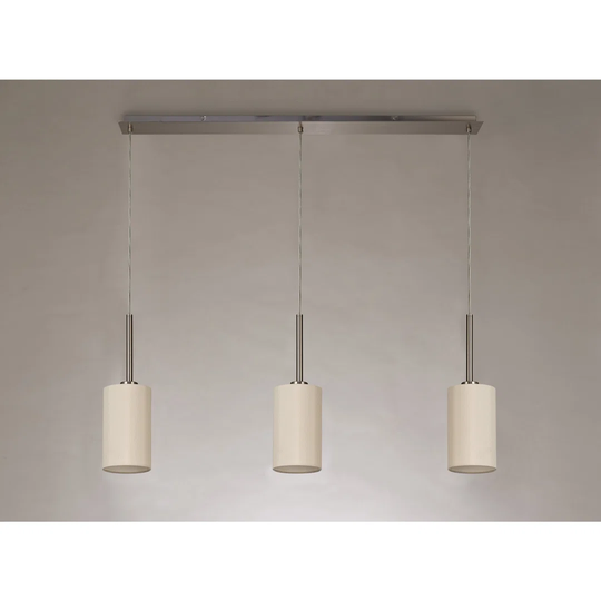 Baymont Satin Nickel 3 Light E27 3M Linear Pendant, C/W 120Mm Faux Silk Shade, Ivory Pearl/White Laminate