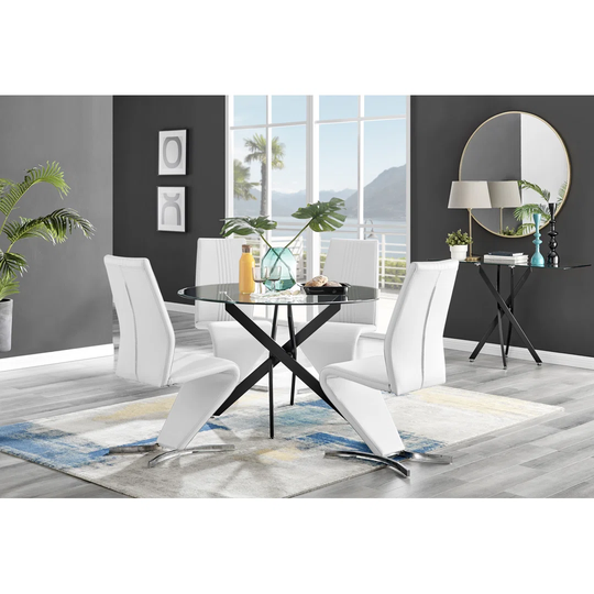 Novara Black Leg 120Cm Round Glass Dining Table & 4 White Willow Chairs