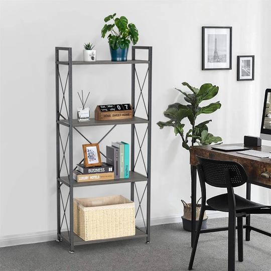 4 Tier Bookshelf Vintage Bookcase Shelf Organizer Rustic Wood And Metal Storage Rack For Home, Office, Garage, Kitchen, Living Room - Gray Oak