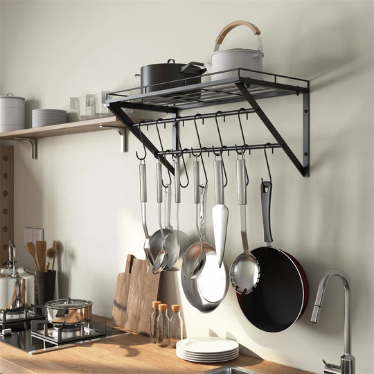 Wall Mount Pot Pan Racks, Saucepan Hanging Rack, Kitchen Utensils Hanging Shelf With 2 Rails, 12 Hooks, 60Cm