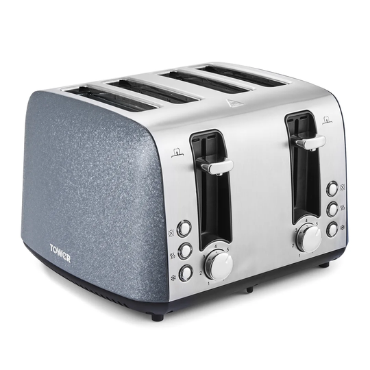 Tower T20053BLU 4 Slice Toaster, Ice Diamond Collection with Reflective Diamond Effect, Defrost/Reheat/Cancel Functions, 1800 W, Steel, Blue