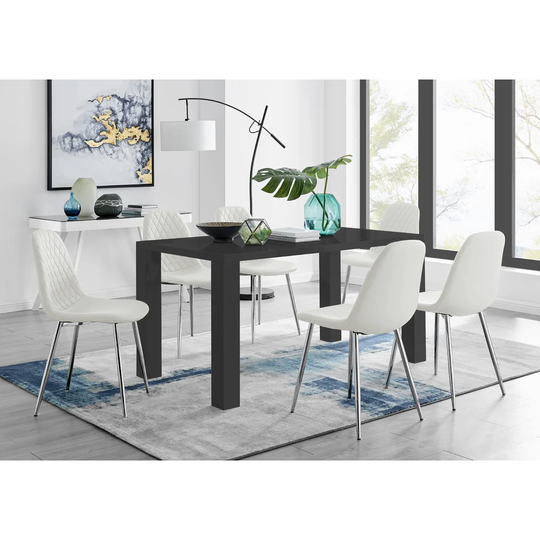 Chowchilla 6 Black Dining Table And 6 White Silver Leg Chairs