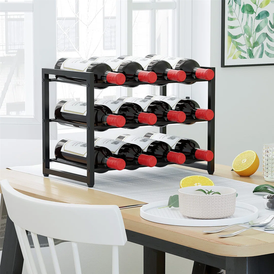 12 Bottles Metal Wine Rack, Free Standing Wine Storage Holder - 3 Tier Industrial Style Vintage Countertop Wine Rack Wine Holder Organizer For Cabinet