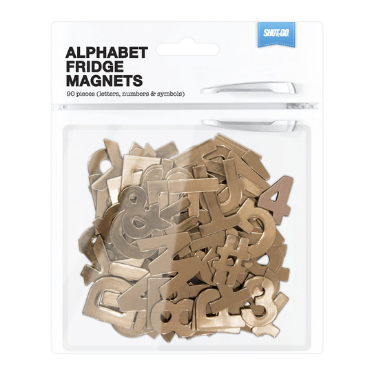 Shot2go Pack of 90 magnetic alphabet letters in metallic copper effect. Includes letters, numbers & symbols