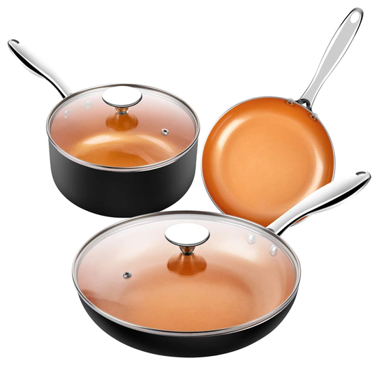 Pots And Pans Set 5Pcs, Non Stick Pots And Pans Set With Ceramic Interior, Copper Non Stick Cookware Set