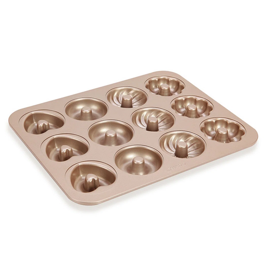 CHEFMADE | 12Er Donutform | 4 Motive | 325X258x22mm | Champagnergold | Antihaft- & Silikonbeschichtet | Donutblech | Donutbackform | Motivbackform | K