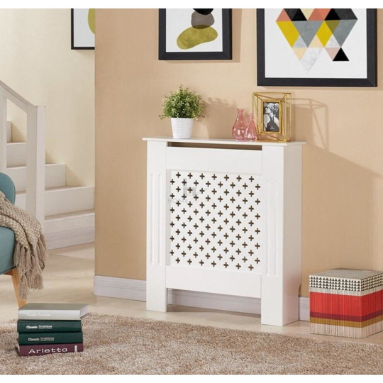Small Radiator Cover Criss Cross Grill White Wall Shelf Cabinet MDF