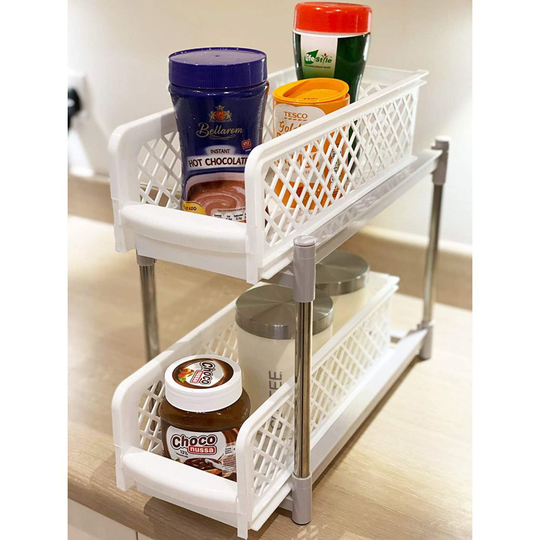 2 TIER KITCHEN CUPBOARD PLASTIC BASKETS SLIDING DRAWERS ORGANISER