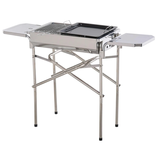 Outdoor Folding BBQ Rectangular Stainless Steel Adjustable Pedestal Charcoal Barbecue Grill - Silver