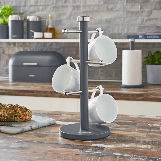 Tower T826102PEB 6 Cup Mug Tree with Stainless Steel Branches, Stoppers, Non-Scratch, Pebble