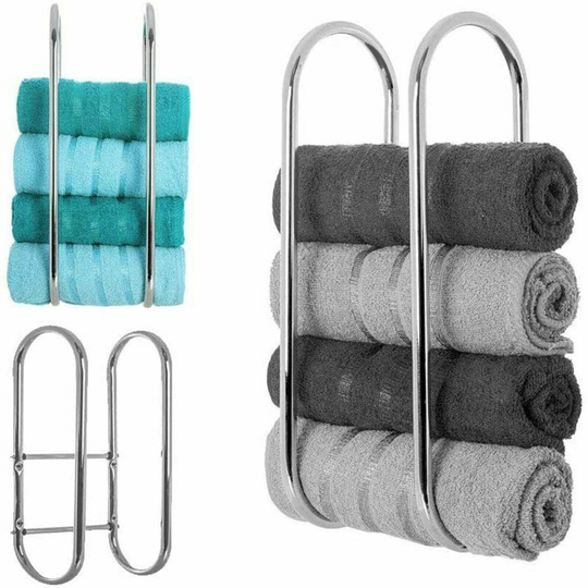 WALL MOUNTED SILVER TOWEL HOLDER SHELF BATHROOM STORAGE RACK RAIL BAR STAND