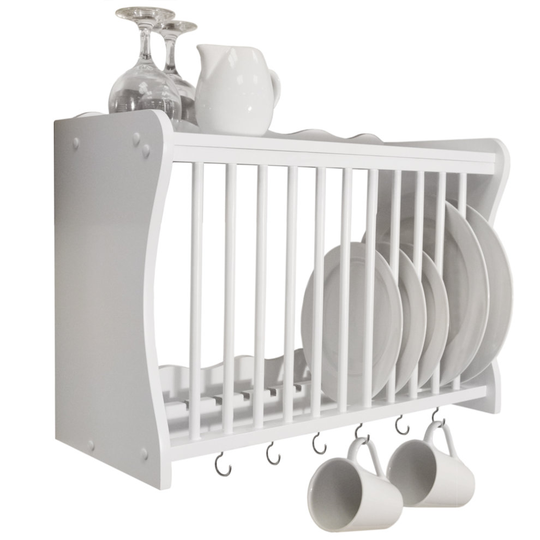 CHESHUNT - Wall Mounted Kitchen Plate Cup / Storage Rack with Hooks - White