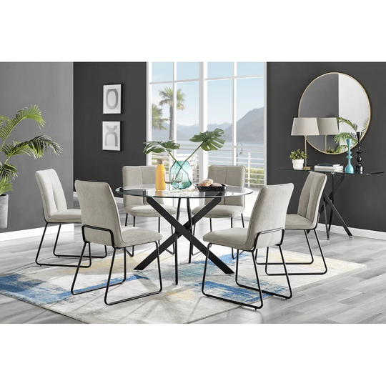 Novara 120cm Round Glass Dining Table & 6 Cream Halle Chairs
