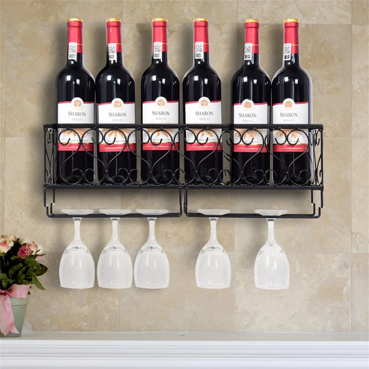 Durazo 6 Bottle Wall Mounted Wine Bottle & Glass Rack in Black