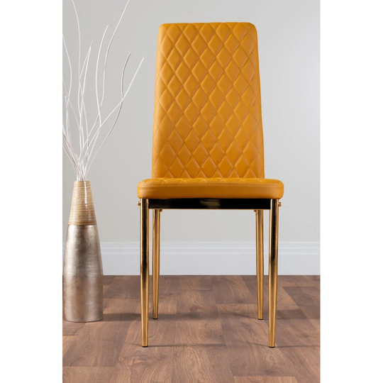 Novara Black Leg 120Cm Round Glass Dining Table & 4 Mustard Milan Gold Leg Chairs