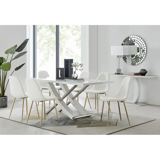 Mayfair 6 Dining Table And 6 White Corona Gold Leg Chairs