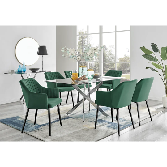 Leonardo Glass And Chrome Dining Table & 6 Green Calla Black Leg Velvet Chairs