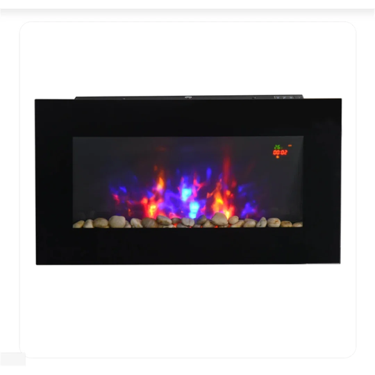 1000W/2000W Wall Mounted Tempered Glass Electric Fireplace Heater-Black