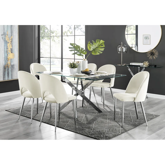 Leonardo Glass And Chrome Dining Table & 6 Cream Arlon Silver Leg Chairs