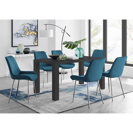 Pivero 6 Black Dining Table And 6 Blue Pesaro Silver Leg Chairs