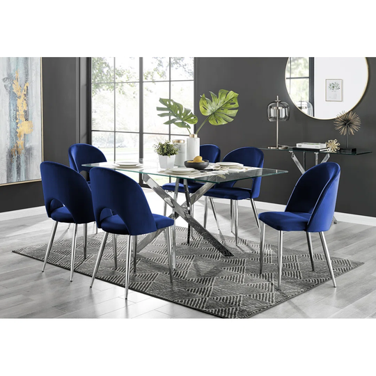 Leonardo Glass And Chrome Dining Table & 6 Blue Arlon Silver Leg Chairs