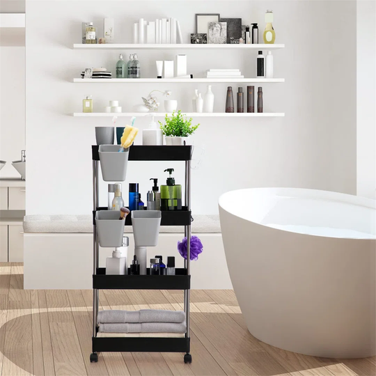 Storage Trolley Cart, 4-Tier Storage Cart With Wheels Rolling Utility Cart With Hanging Cups Multi-Purpose Storage Shelf Rack For Kitchen Bathroom Bed
