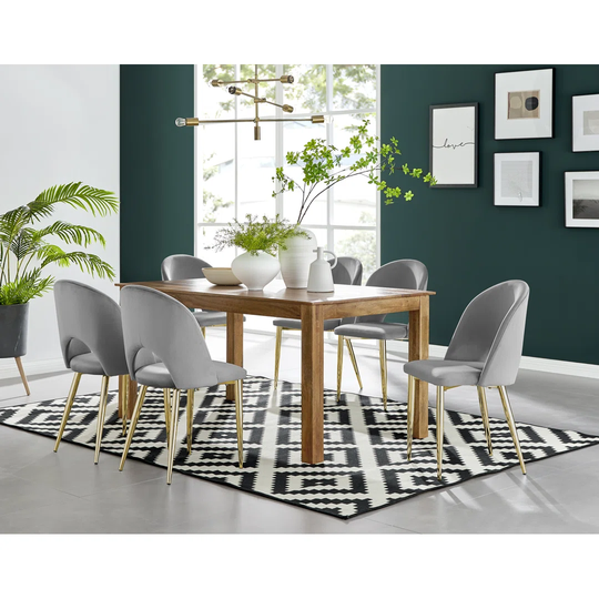 Anders Honey Solid Wood Dining Table & 6 Grey Arlon Gold Leg Chairs