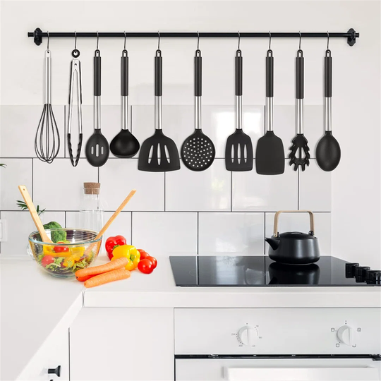 12 Pcs Silicone Cooking Utensils Set Heat Resistant Kitchenware Kitchen Tools Gadgets With Stainless Steel Handle For Non-Stick Pan