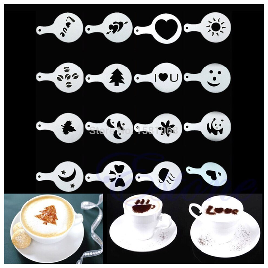 16Pcs Mold Coffee Milk Cake Cupcake Stencil Template Coffee Barista Ca
