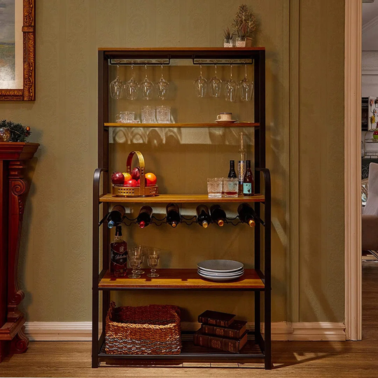 Industrial Liquor Cabinet Bar With Glass Holder And Wine Rack ,65 Inch Freestanding Wine Rack Table With 4 Tiers Storage Shelves For Home Kitchen Dini