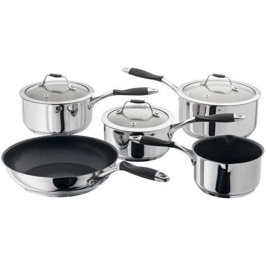 Stellar James Martin 5 Piece Stainless Steel Pan Set 16/18/20cm Saucepans, 14cm Milk Pan, 24cm Non-Stick Frying Pan, Induction Ready