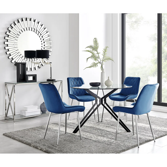 Cascina Dining Table And 4 Navy Pesaro Silver Leg Chairs