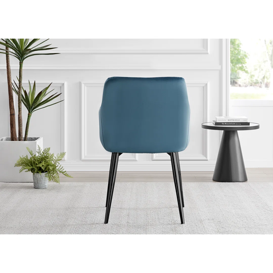 Novara Round Glass Dining Table & 4 Blue Calla Black Leg Velvet Chairs