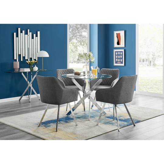 Novara 120Cm Round Glass Dining Table & 4 Dark Grey Falun Silver Leg Chairs