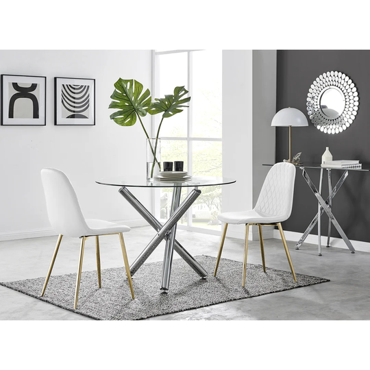 Chowchilla Round Dining Table And 2 Grey Gold Leg Chairs