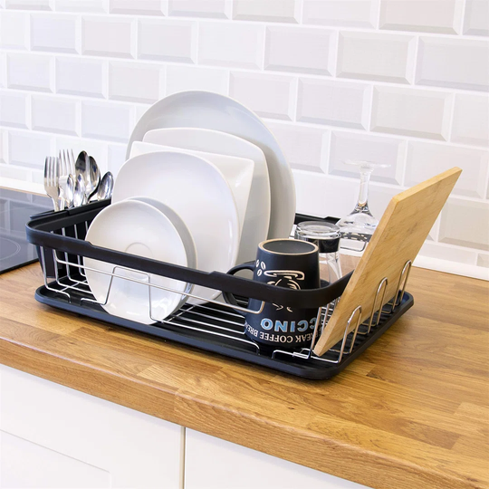 Kitchen Dish Drainer Rack / Separate Cutlery Holder / Removable Drip Tray / Grey Colour / 41 X 32 X 9.5Cm