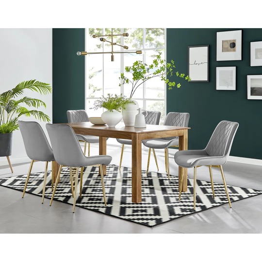 Anders Honey Solid Wood Dining Table & 6 Grey Pesaro Gold Leg Chairs