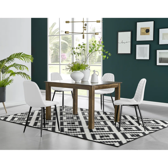 Anders Dark Walnut Solid Wood Dining Table & 4 White Corona Black Leg Chairs