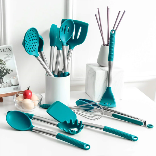 Silicone Cooking Utensil Set: 12 Pieces Kitchen Utensils Non-Stick & Heat Resistance Silicon And Stainless Steel Handles - Green