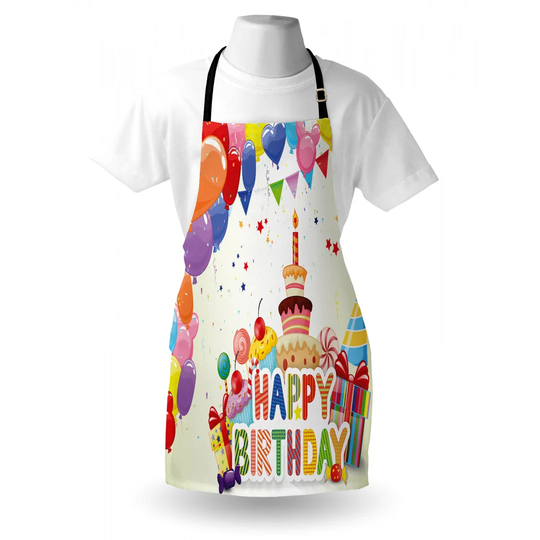 Balloons Cupcakes Candies Presents and Party Hats Apron