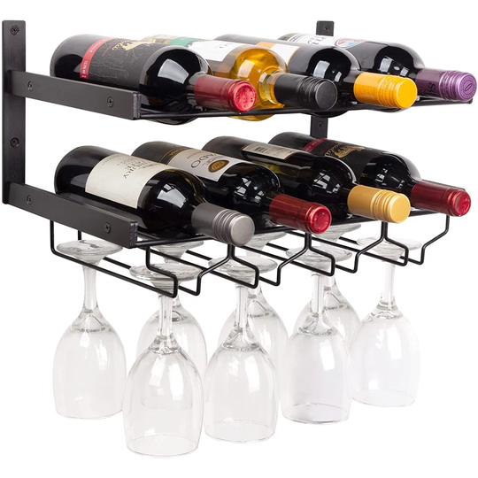 Industrial Wine Rack Wall Mounted With Wine Stemware Rack By Mildenhall - Horizontal Wine Bottle Glass Holder - Holds 8 X Glasses And 8 X Wine Bottles